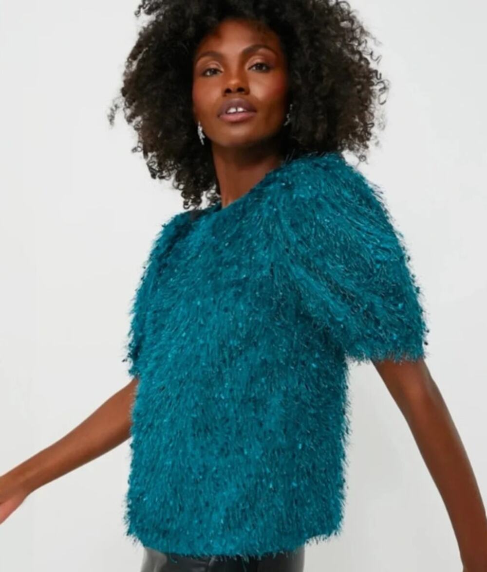 Hyacinth House Tuckernuck Blue Eyelash Fringe Allover Shag Blouse Women size XS